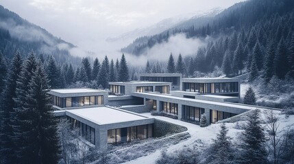 Aerial View of Massive Concrete Platform Surrounded by Misty Forest: Winter Landscape for Creative Car Advertising. Modern Architectural Marvel in Nature, Perfect for Abstract Commercial Backgrounds a