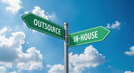 Decision Signpost: Outsource vs. In-House Business Choice, Green Directional Signs, Blue Sky, Clouds