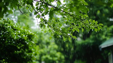 Fototapeta premium Rain falling on lush green leaves