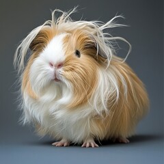 Fluffy Brown And White Guinea Pig Portrait Against Gray Background