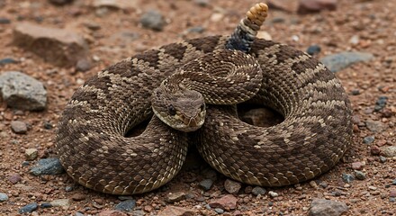 Obraz premium Coiled rattlesnake on desert ground