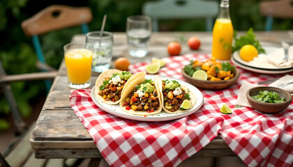 Taco party on a picnic table. Picnic table party banner. Colorful Outdoor Fiesta Table With Tacos and Beverages for Celebration.