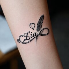 Close-up of an Arm Tattoo Featuring the Name "Lia" with an Infinity Symbol, Feather, and Heart Design 
