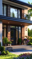 Modern house entrance, evening sun, landscaping