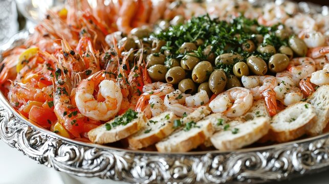 silver platter adorned with finger foods such as bruschetta, shrimp cocktail, and stuffed olives, perfect for an upscale gathering.