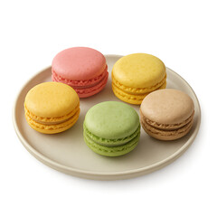 Obraz premium Five colorful macarons on a white plate against a transparent background, concept for bakery, dessert, food photography, and culinary arts