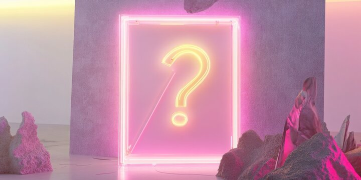 Glowing Neon Question Mark In Pink And Purple Abstract Setting