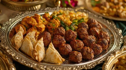 Fototapeta premium silver tray brimming with a variety of appetizers like meatballs, vegetable samosas, and mini chicken wraps, perfect for a lively celebration.