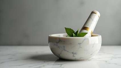 Elegant marble mortar and pestle with herbs