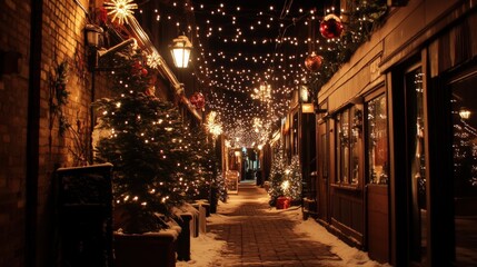 Festive Nighttime Scene of Pathway Decorated with Christmas Trees and Illuminated String Lights