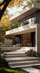 Fototapeta premium Modern concrete house, autumn woods, patio