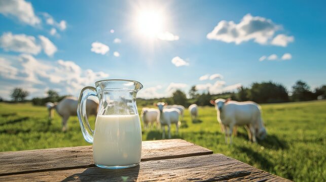 simple but beautiful farm setting, with a glass and jug of fresh milk on a wooden table, and goats grazing under the bright, sunny blue sky.