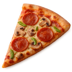 Close-up shot of a delicious pepperoni pizza slice with mushrooms and green peppers on a transparent background, concept for food photography, restaurant menu, and culinary advertising