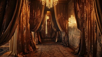 Opulent hallway with gold curtains chandeliers and patterned carpet creating a luxurious atmosphere