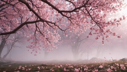 Soft pink sakura petals descend gently against a hazy, blooming cherry tree scene ,  soft,  branch,  blurry