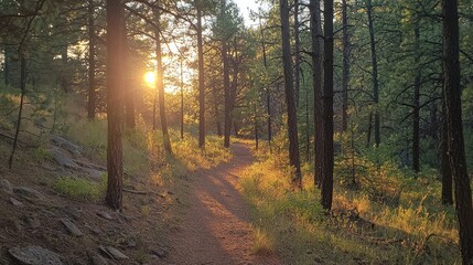 Fototapeta premium Sunlit woodland trail winding through pine trees.