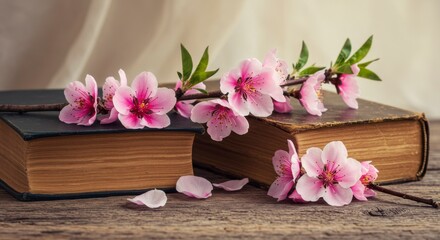 Delicate pink blossoms rest atop aged books,  creating a serene spring scene