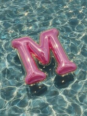 Pink Letter M Balloon Floating on Pool Water: Close-Up of Shiny Alphabet Foil Balloon Reflecting Sunlight on Rippled Blue Water Surface