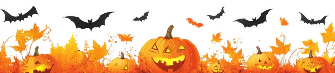 Fototapeta premium Halloween Pumpkins And Bats With Autumn Leaves On A White Background
