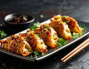 Stylish plant based dumplings, gyoza, dim sum, crisppy and appetizing.
