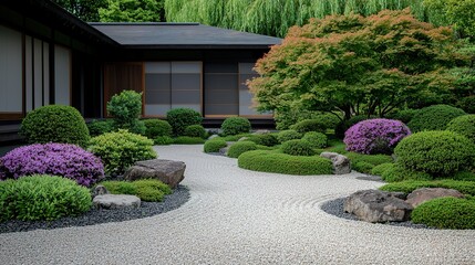A serene Japanese garden with manicured shrubs, colorful flowers, raked gravel, and a traditional building in the background.