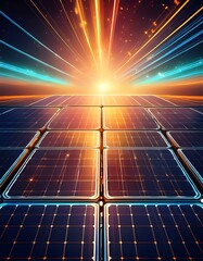 Futuristic solar panels absorbing sunlight against a vibrant cosmic background.