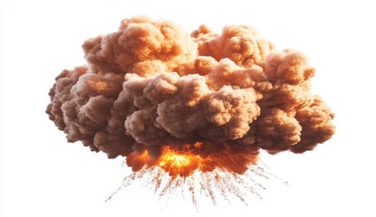 Large Tan Smoke Explosion With Orange Fire And Debris Against White Background