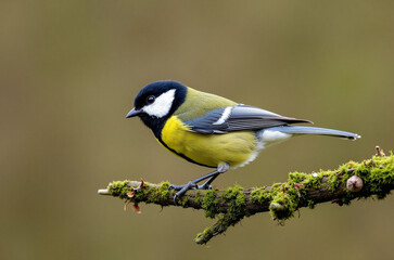 Obraz premium Great tit perched on a tree branch with a blurred background.