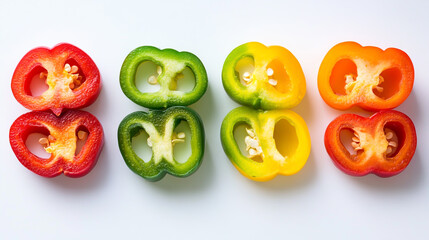 Halved colorful bell peppers arranged on a white background