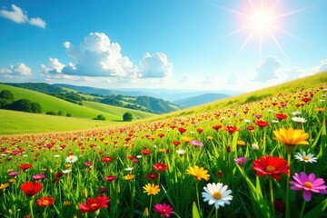 Obraz premium Vibrant wildflowers carpet rolling hills under a sunny sky , field, outdoor