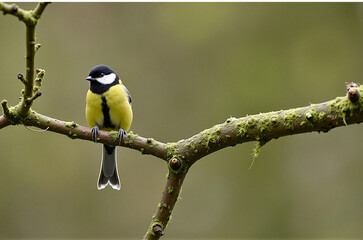 Obraz premium Great tit perched on a tree branch with a blurred background.