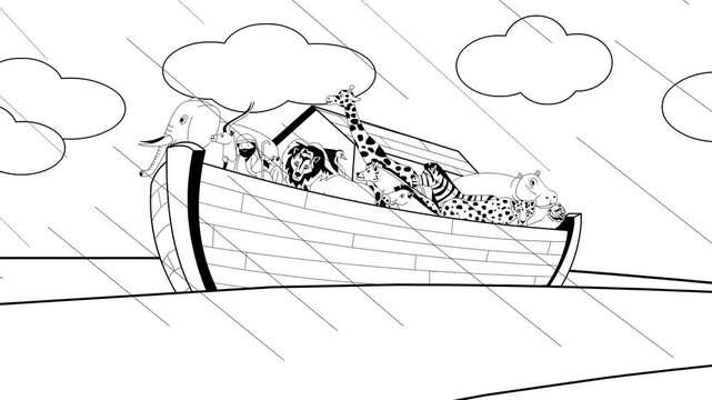 Animated video of various animals on Noah's Ark during the flood in black and white, rain.