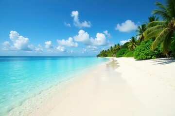 Fototapeta premium Fine white sand, clear aqua water, distant lush vegetation, paradise, sky