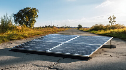 Eco-friendly solar panel kit laid out on a flat surface with a rural setting and clear skies