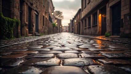 Fototapeta premium Serene Cobblestone Street at Dusk with Reflections and Warm Light Illuminating Quaint Buildings and Calm Atmosphere in an Urban Setting