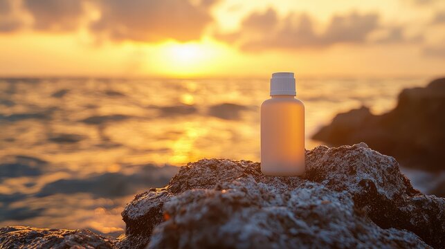 skincare lotion bottle on a rough rock, with the ocean&acirc;&euro;&trade;s rhythmic waves and the golden sunset in the background enhancing the soothing effect of the product.