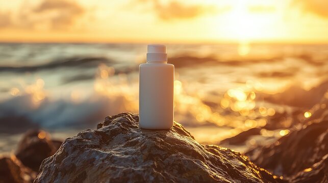skincare lotion bottle on a rough rock, with the ocean&acirc;&euro;&trade;s rhythmic waves and the golden sunset in the background enhancing the soothing effect of the product.