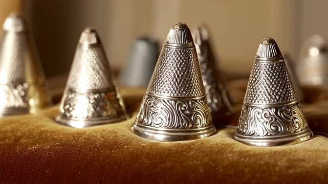 Detailed studio shot of vintage silver thimbles with ornate designs and textured surfaces arranged on golden brown velvet cloth