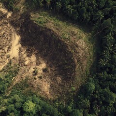 Close-up of An aerial view of a massive deforestation area in a tropical rainforest.