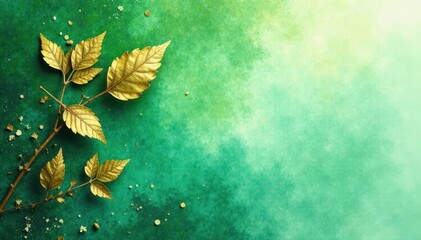 Delicate gold leaf details on green watercolor wash, watercolor painting, leaves, botanical illustration