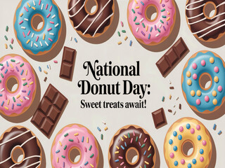 Colorful Donuts and Chocolate Bars for National Donut Day Celebration – Flat Lay Dessert Illustration