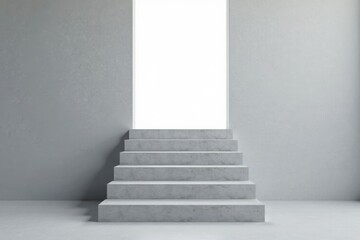 Fototapeta premium Simple concrete staircase ascending towards a bright, open doorway in a minimalist interior setting.