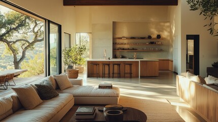 Fototapeta premium sleek and airy open-concept living space, with modern minimalist furniture, a neutral color palette, and abundant natural light flooding the room.
