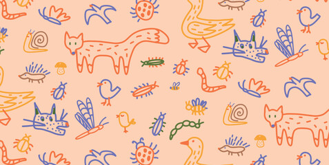 Seamless pattern with hand-drawn animals in colorful childlike style. Foxes and ducks wander through a lively mix of birds, insects, snails and other forest creatures. Vector illustration.