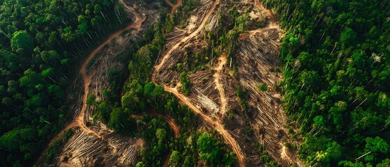 Close-up of An aerial view of a massive deforestation area in a tropical rainforest.