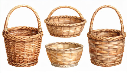 Obraz premium Set of four wicker baskets with handles and woven texture, watercolor illustration with natural brown tones, isolated on white background, rustic and charming design