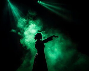 Silhouette of a dancer in a gown, bathed in green light