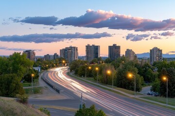Cityscape at dusk with light streaks and urban buildings landscape