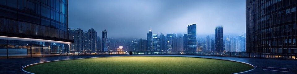 Illuminated Circular Helipad atop Modern Skyscraper: Aerial View of Urban Skyline at Blue Hour. Luxurious Rooftop Landing Area with Glass Railings and Green Carpet. Dramatic City Lights for Commercial