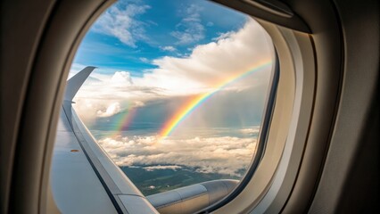 Spectacular View of Rainbow Through Airplane Window Over Scenic Clouds and Blue Sky with Sunlight Illuminating the Landscape Below